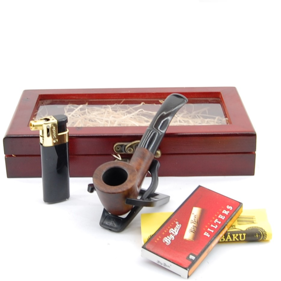 BPK Fajkový set- Drevená fajka, zapaľovač, filtre, sporič, stojan- 69-21-4 1 BPK Fajkový set- Drevená fajka, zapaľovač, filtre, sporič, stojan- 69-21-4
